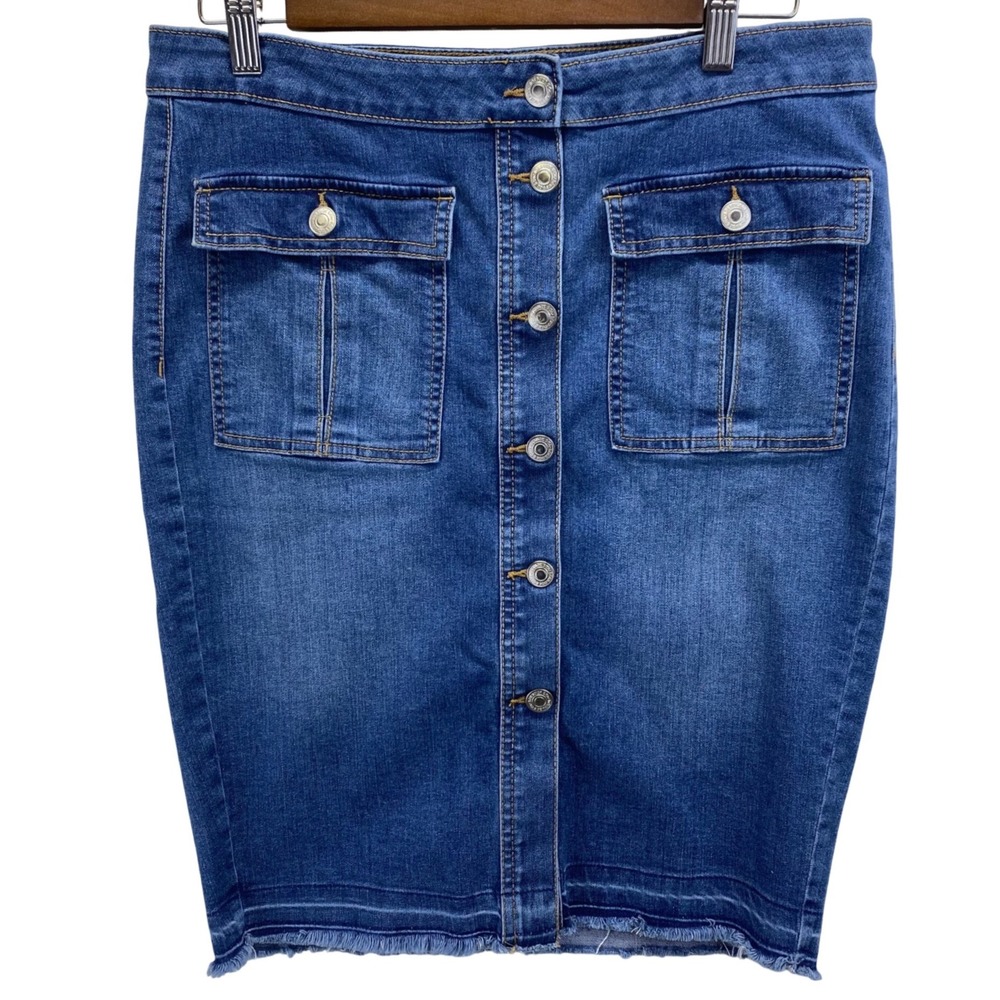 Vintage Roebuck & Co Denim Pencil Skirt Button Fly Frayed Hem Womens Size 10